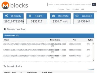 Screenshot sito: Monero Blocks